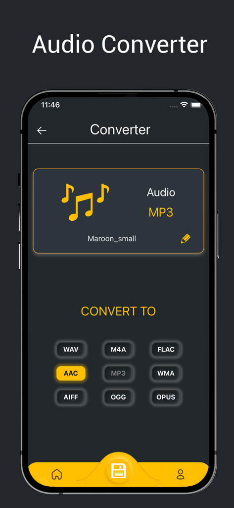 Vocal Remover, Audio Extractor - AACやWAVなどの複数の形式にオーディオファイルを変換するためのモバイルアプリ画面。