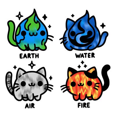 4 cats that represent the different elements, earth, water, air, and fire