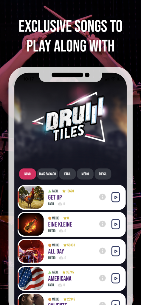 Drum Tiles: drumming game - Song selection menu in the Drum Tiles game showing various music tracks and difficulty levels