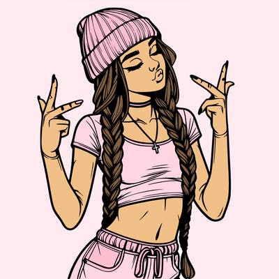 realistic teenage girl with braids and a beanie and crop top doing 🫶🏼