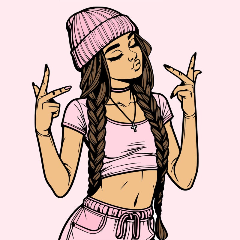 realistic teenage girl with braids and a beanie and crop top doing 🫶🏼