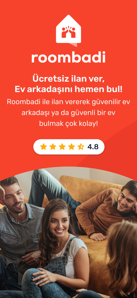 Roombadi - Find a Roommate! - Roombadi app splash screen showing a group of young roommates together with a 4.8 star user rating