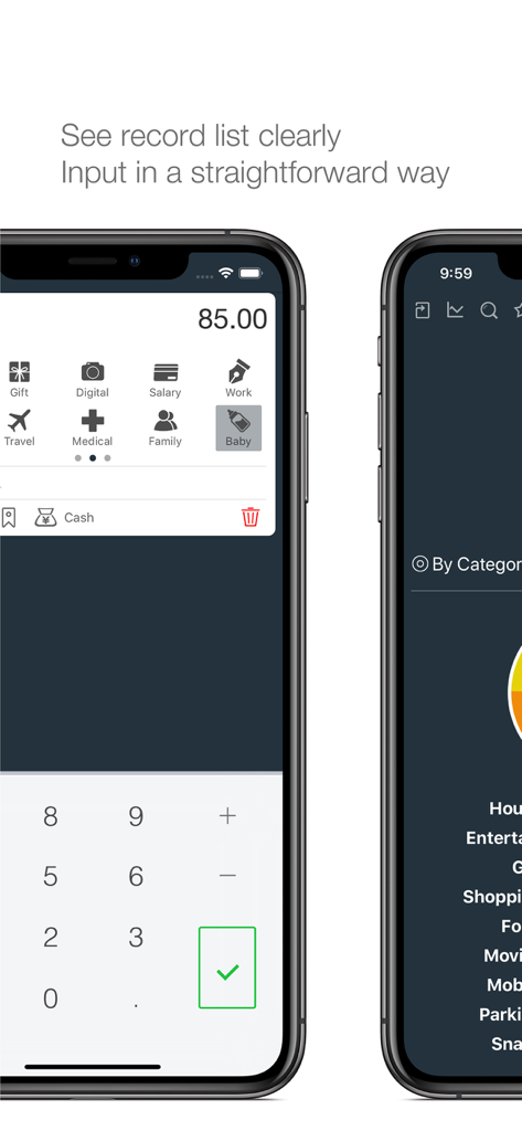 Money - Track easily - Two iPhone screens showing the Money app manual expense input keypad and category summary list.