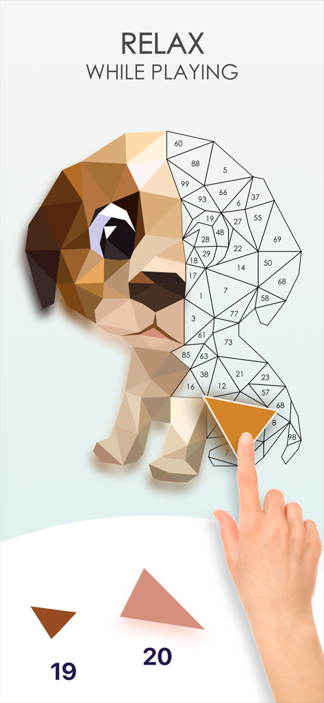 Poly Art Jigsaw 3D Puzzle Game - Hand completing a low poly puppy art puzzle by matching numbered polygon pieces
