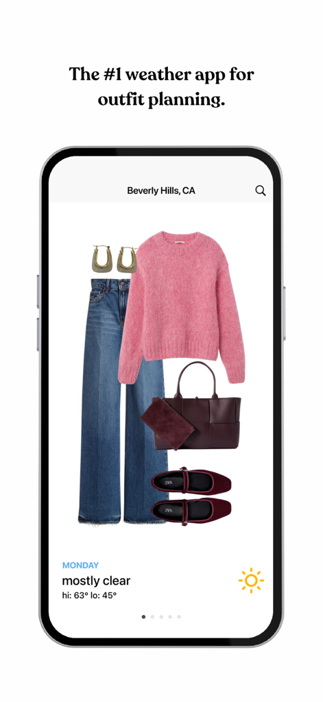Daily Dress Me - what to wear - Screenshot of Daily Dress Me app showing a pink sweater outfit suggestion for a clear day in Beverly Hills