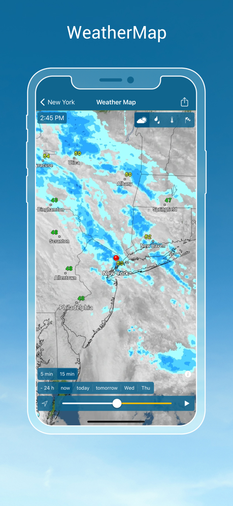 Weather & Radar USA Pro - Interactive weather radar map showing real-time precipitation and storm tracking for the New York region.