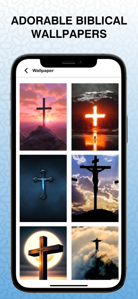 Biblia Reina Valera Audio - 다양한 예술적인 십자가와 기독교 이미지를 특징으로 하는 성경 배경화면 갤러리를 보여주는 모바일 화면