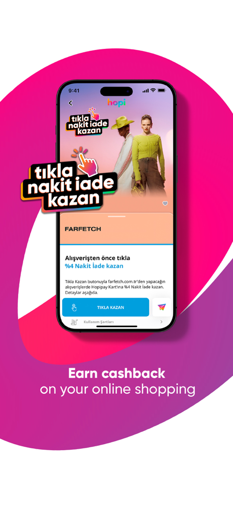 Hopi-App-Oberfläche, die ein Cashback-Prämienangebot für Online-Einkäufe bei Farfetch anzeigt.