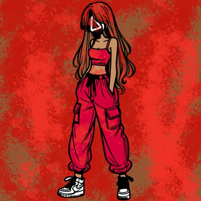 girl in baggy pants crop top and long hair