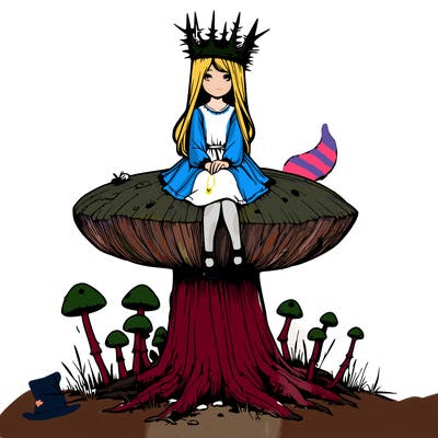 realistic girl sitting on a huge tree stump size toadstool with thorn crown