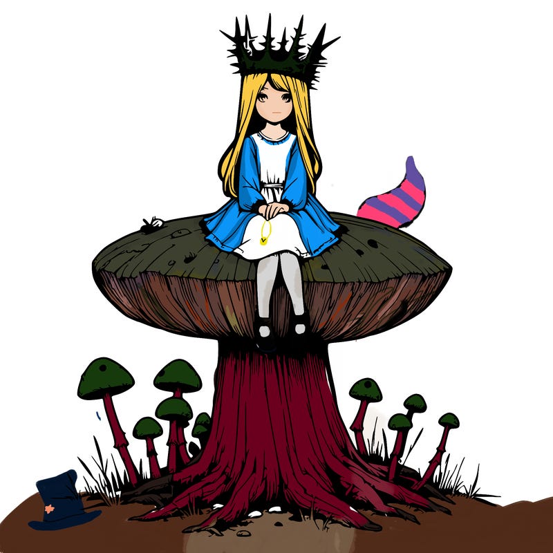 realistic girl sitting on a huge tree stump size toadstool with thorn crown