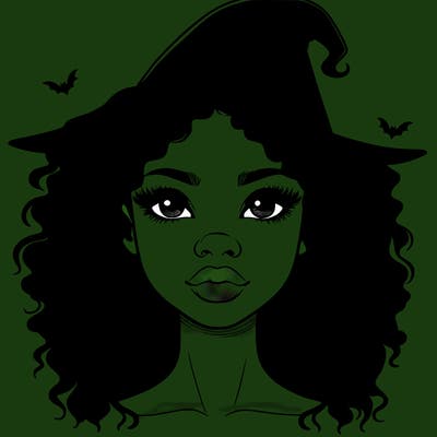 realistic black girl with wavy hair and witch hat and nose and lips