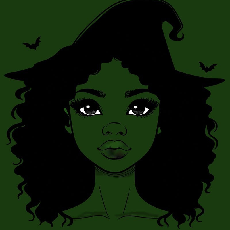 realistic black girl with wavy hair and witch hat and nose and lips