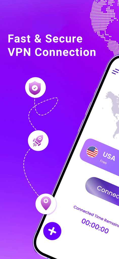 Pronto VPN – Secure, Fast VPN - Interface do aplicativo Pronto VPN destacando conexão rápida e segura com opção de servidor dos EUA.