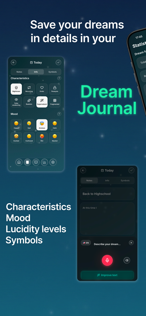 Dreamee - Dream Journal - Telas do aplicativo Dreamee para registrar sonhos com humor e gravação de voz