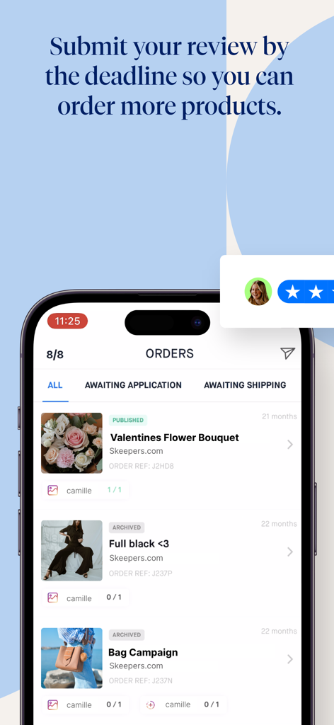 Skeepers Creators App-Oberfläche mit einer Liste von Influencer-Produktbestellungen und deren Bewertungsstatus