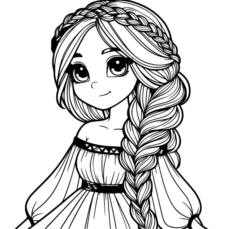 realistic girl with long braid and flowing dress