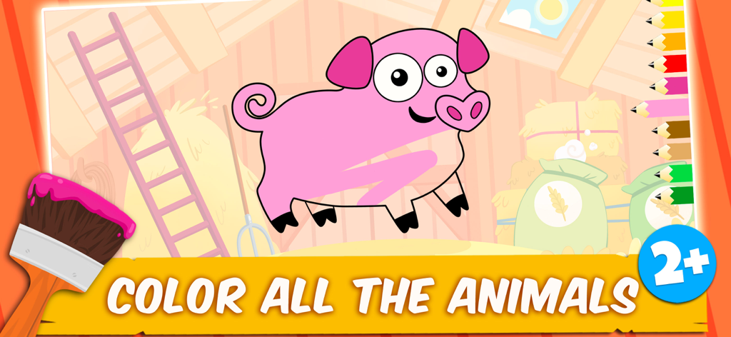 Farm:Animals Games for Kids 2+ - Digital coloring page for kids featuring a cute pink pig in a farm barn background with virtual colored pencils