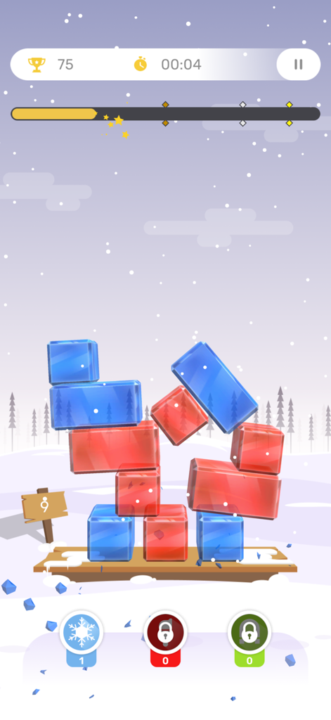 Glass Tower 2025 - A stack of red and blue glass blocks in the snowy Snow Glade level of Glass Tower 2025