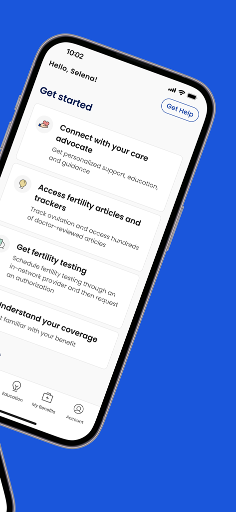 Progyny - Progyny mobile app dashboard featuring fertility resources and patient care advocate connection options