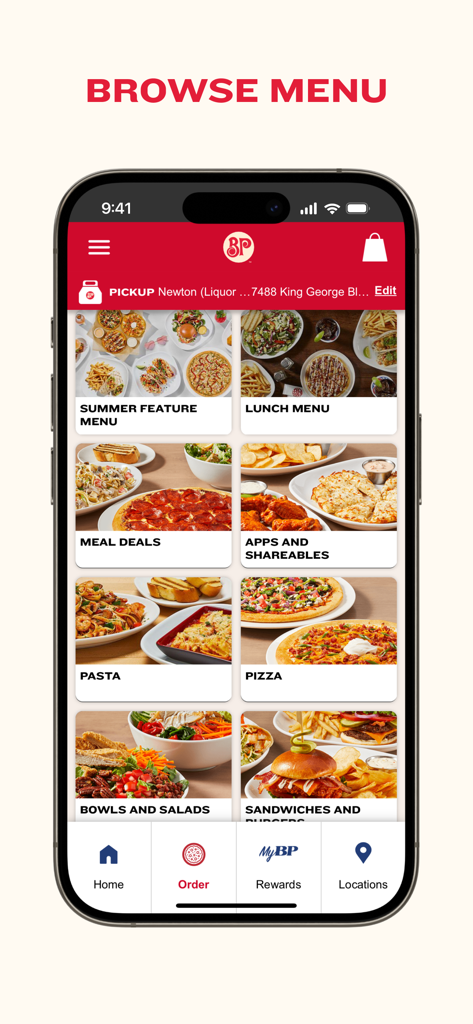 Boston Pizza - A smartphone displaying the Boston Pizza app menu with categories for pizza pasta and meal deals