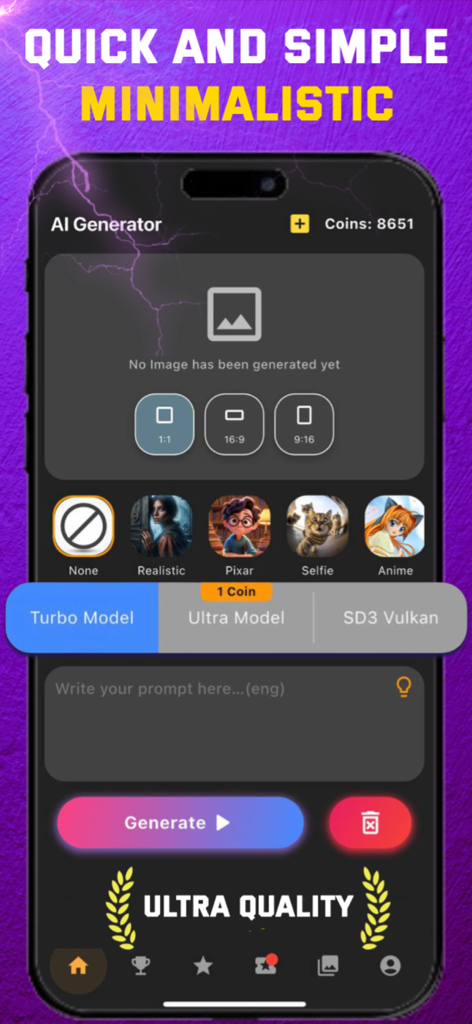 Text to Image AI Generator Art - Text to Image AI Generator app interface showing style and model selection