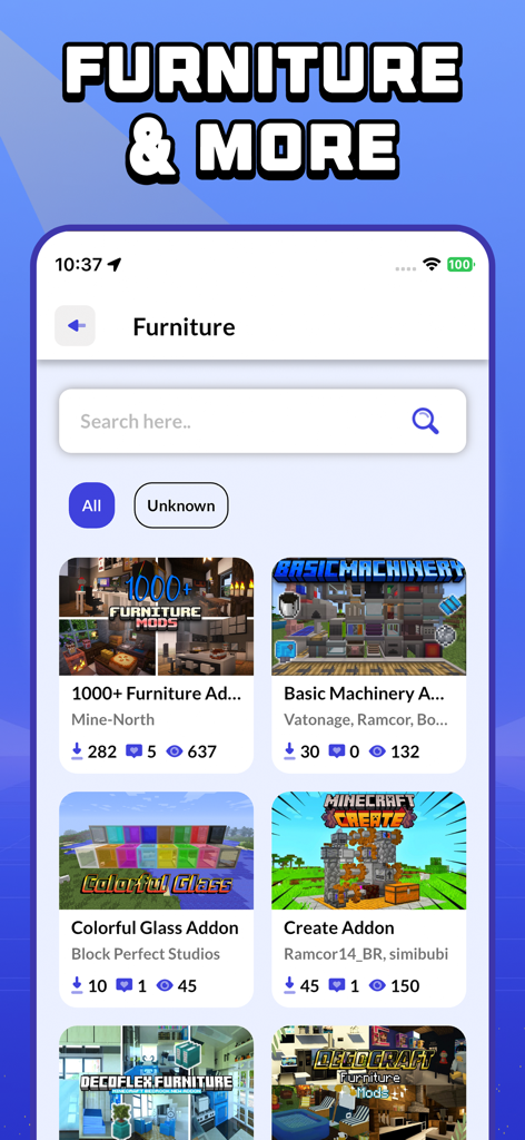 CraftyBox app interface displaying furniture and machinery addons for Minecraft PE