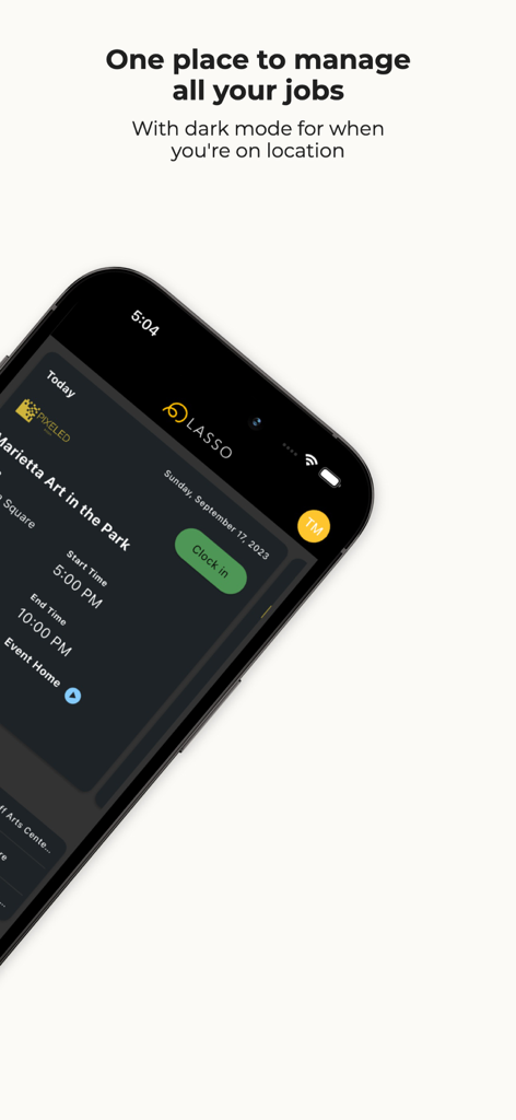 LASSO Mobile app interface in dark mode showing event job details and a clock in button