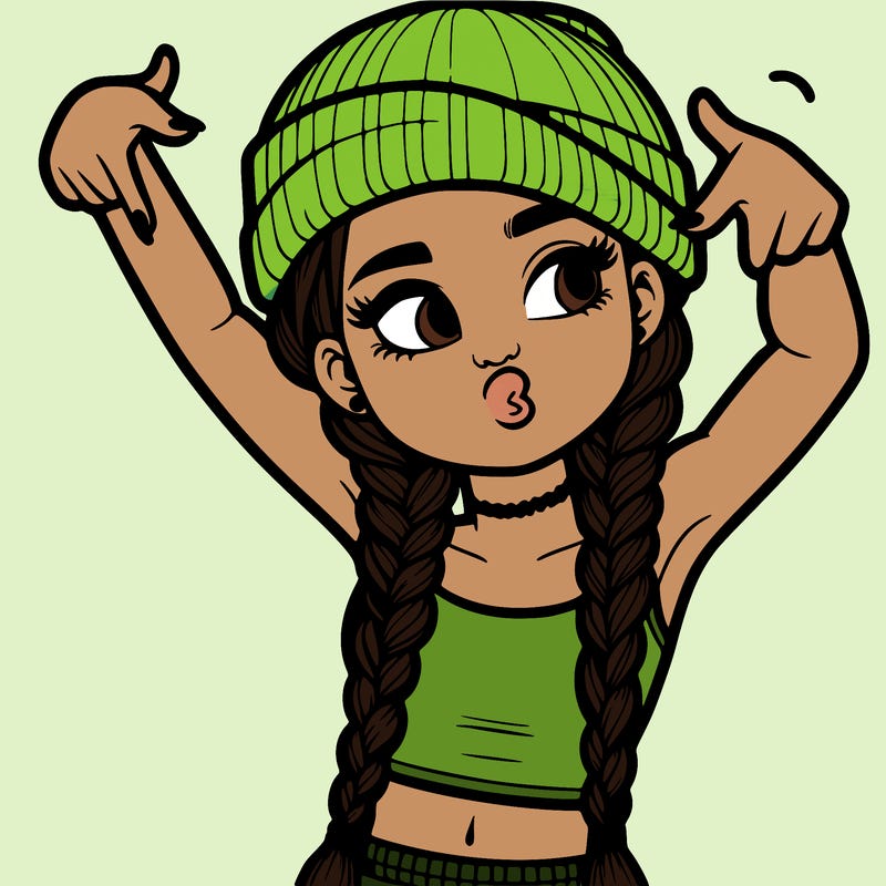realistic teenage girl with braids and a beanie and crop top doing 🫶🏼