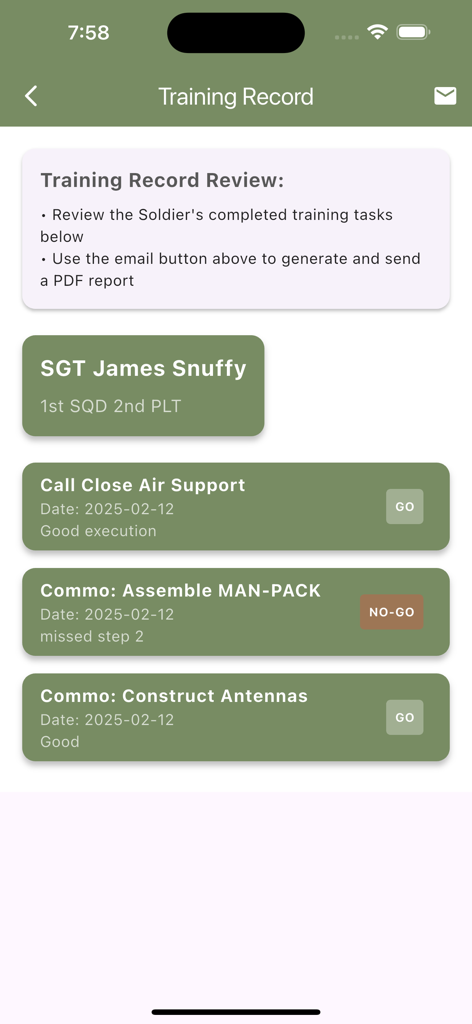 Army Ranger Handbook Trainer - Training record screen in the Army Ranger Handbook Trainer app showing GO and NO-GO ratings for tactical tasks