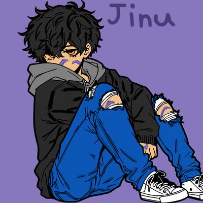 a male hoddie ripped jeans messy hair anime