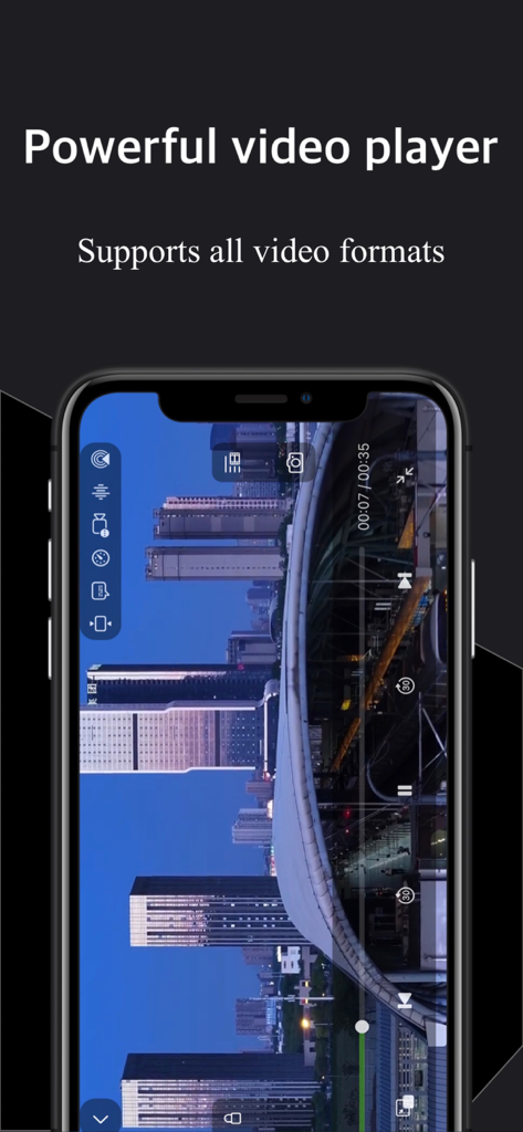 Interfaz del potente reproductor de video de la aplicación Unzip reproduciendo un video de paisaje con controles