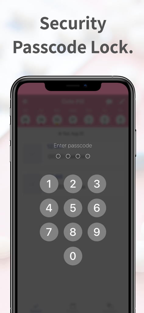 Cute Pill Reminder - Security passcode lock screen on a smartphone for the Cute Pill Reminder app