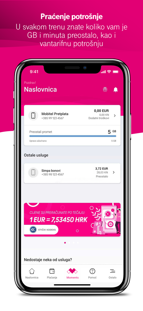 Screenshot of the Moj Telekom HR app home screen showing data consumption and mobile subscription details