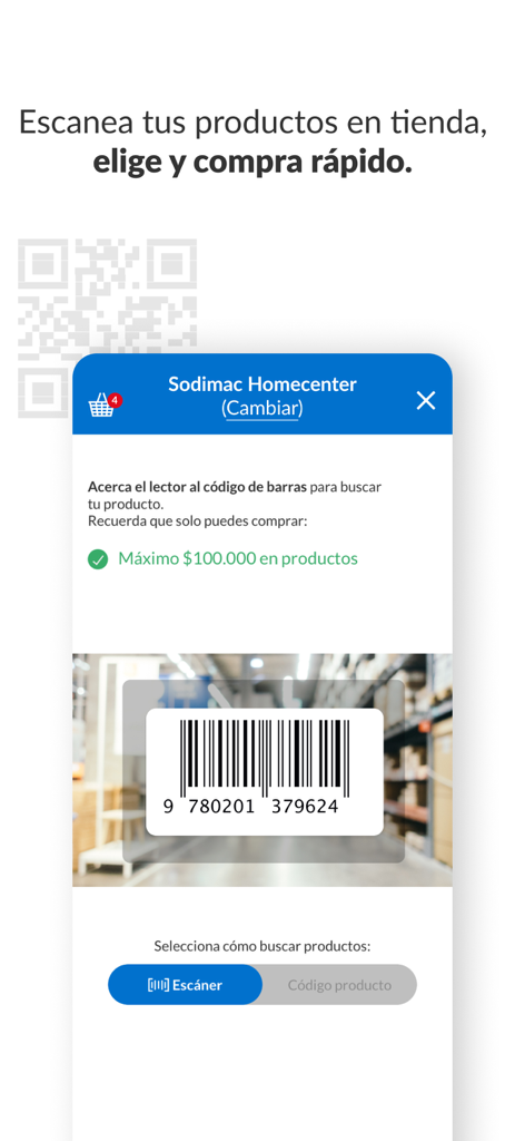 Sodimac: Casa y Construcción - Interface do aplicativo móvel Sodimac mostrando um scanner de código de barras para compras na loja.