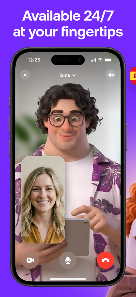 Praktika – AI Language Tutor - Praktikaアプリのビデオ通話インターフェース、フレンドリーな男性AIアバターチューターTamaと練習している女性ユーザーを表示