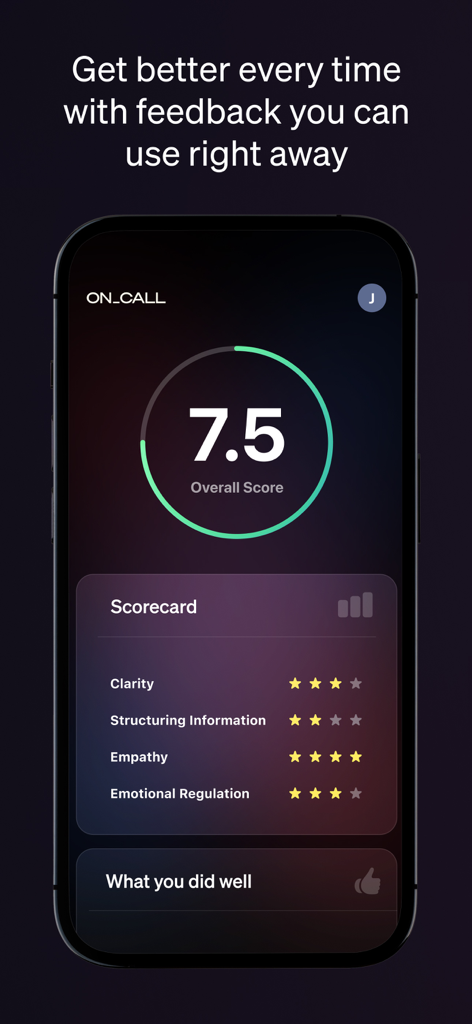 MasterClass On Call app scorecard showing an overall score of 7.5 and star ratings for soft skills including clarity and empathy.