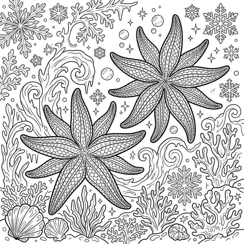 Discover a breathtaking fusion of ocean and ice with our Sunflower Sea Stars Winter Wonderland coloring page. This unique design features majestic sea stars surrounded by delicate snowflakes and frosty marine elements, offering a truly magical coloring experience.