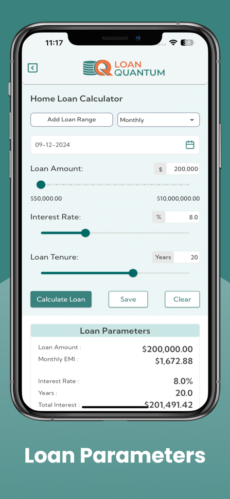 LoanQuantum - Pantalla de calculadora de préstamos hipotecarios en la aplicación LoanQuantum que muestra la EMI mensual y los parámetros del préstamo para una hipoteca de 200000 dólares