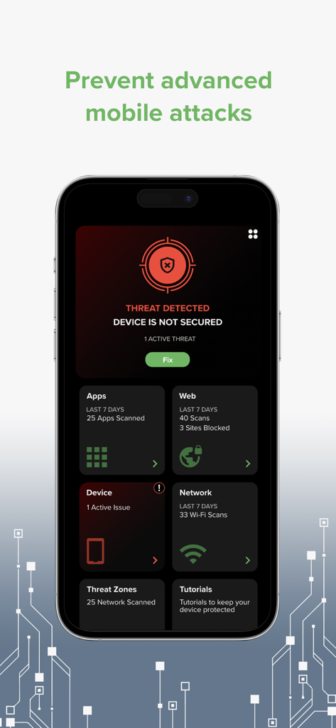 Zimperium MTD - Interfaz de la aplicación de seguridad Zimperium MTD en un iPhone que muestra una notificación de amenaza detectada y el panel de estado del sistema.