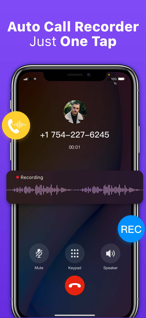 Text App: Wifi Calling+Texting - Interfaz de la aplicación Text App mostrando una llamada telefónica activa con la función de grabadora automática de llamadas activada y una forma de onda de grabación.