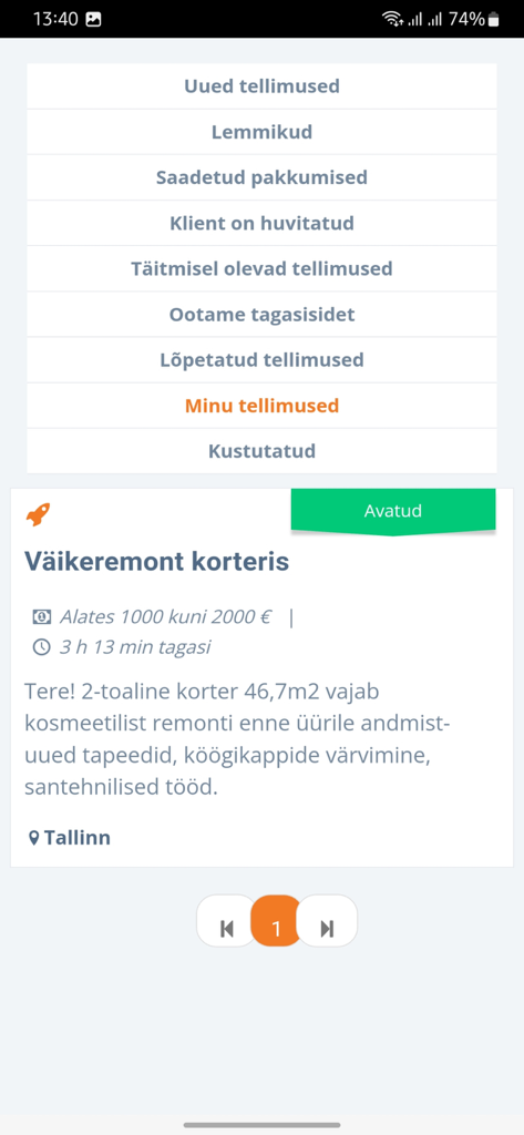 GetaPro mobile app interface showing a service request for an apartment renovation with job details and budget