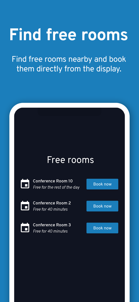 Screen showing a list of free conference rooms and book now buttons in the Dash app