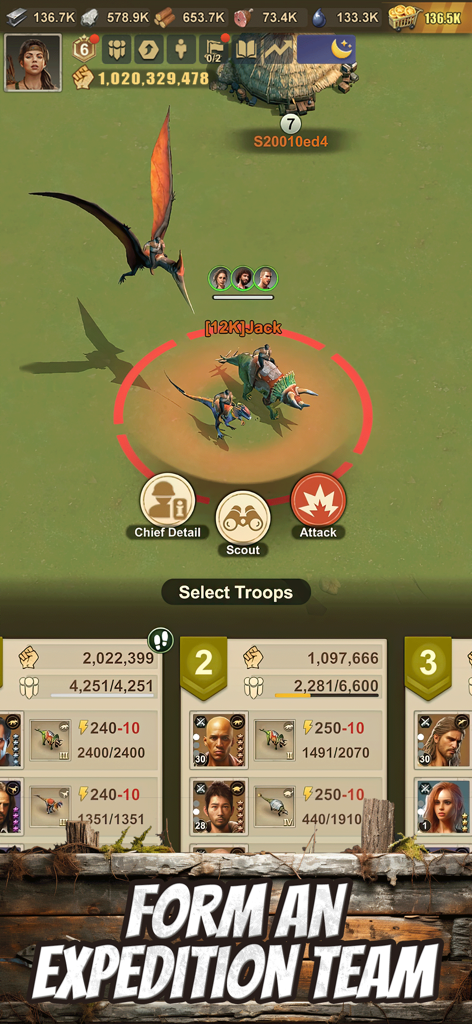 플레이어가 원정대를 구성하기 위해 캐릭터와 공룡을 선택하는 LOST in Blue 2의 전략 메뉴 화면