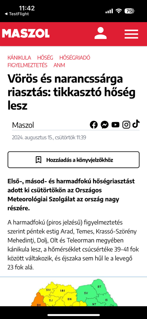 Un artículo de noticias en la aplicación Maszol informando de una alerta meteorológica roja y naranja por ola de calor en Transilvania