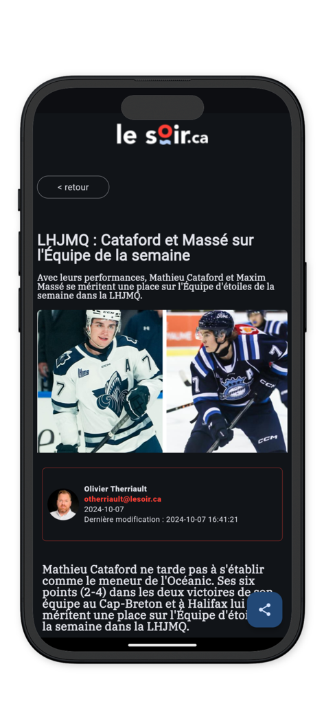 Le Soir - Article de nouvelles sportives sur des joueurs de hockey locaux dans l'interface de l'application Le Soir.