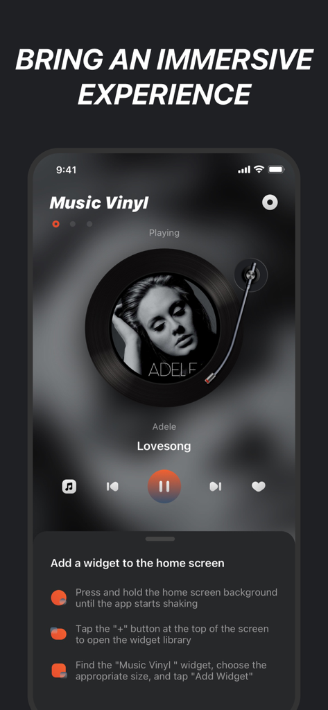 iPhone music app with a retro vinyl record player theme and widget setup guide