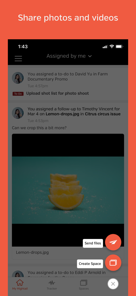 Hightail - Hightail mobile app interface showing a shared photo with options to send files and collaborate