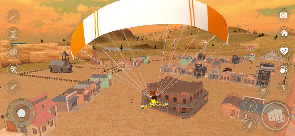 Wild West: Gunfighter Gangster - A character paragliding over an open world western town in the Wild West Gunfighter Gangster mobile game.