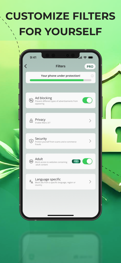 AI Ad Blocker: Safari Adblock - Interfaccia dell'app AI Ad Blocker su iPhone che mostra le impostazioni di filtro personalizzabili per la privacy del blocco pubblicitario e i contenuti per adulti